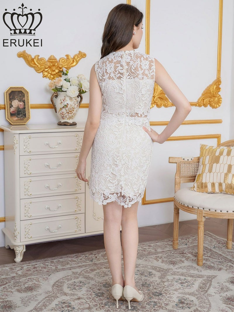 ERUKEI エルケイ ホワイト・総レース・ケミカルレース・ビジューボタン・ノースリーブ・タイト・ミニドレス・ワンピース ek-e25162