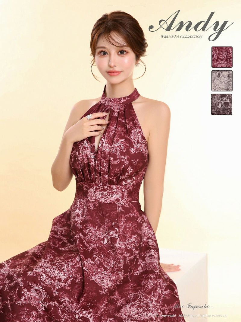 Andy アンディ ボタニカル花柄 ホルターネック バストカットアウト フレア ミモレ丈 ミディアムドレス an-on3016