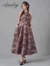 Andy アンディ ボタニカル花柄 ホルターネック バストカットアウト フレア ミモレ丈 ミディアムドレス an-on3016