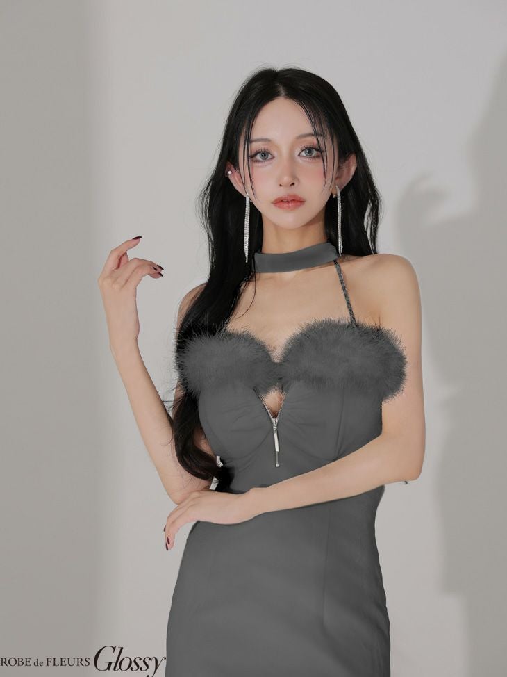 Glossy ローブドフルールグロッシー 【XSサイズあり】 ファー付きベロアチョーカータイトミニキャバドレス gl3949-c