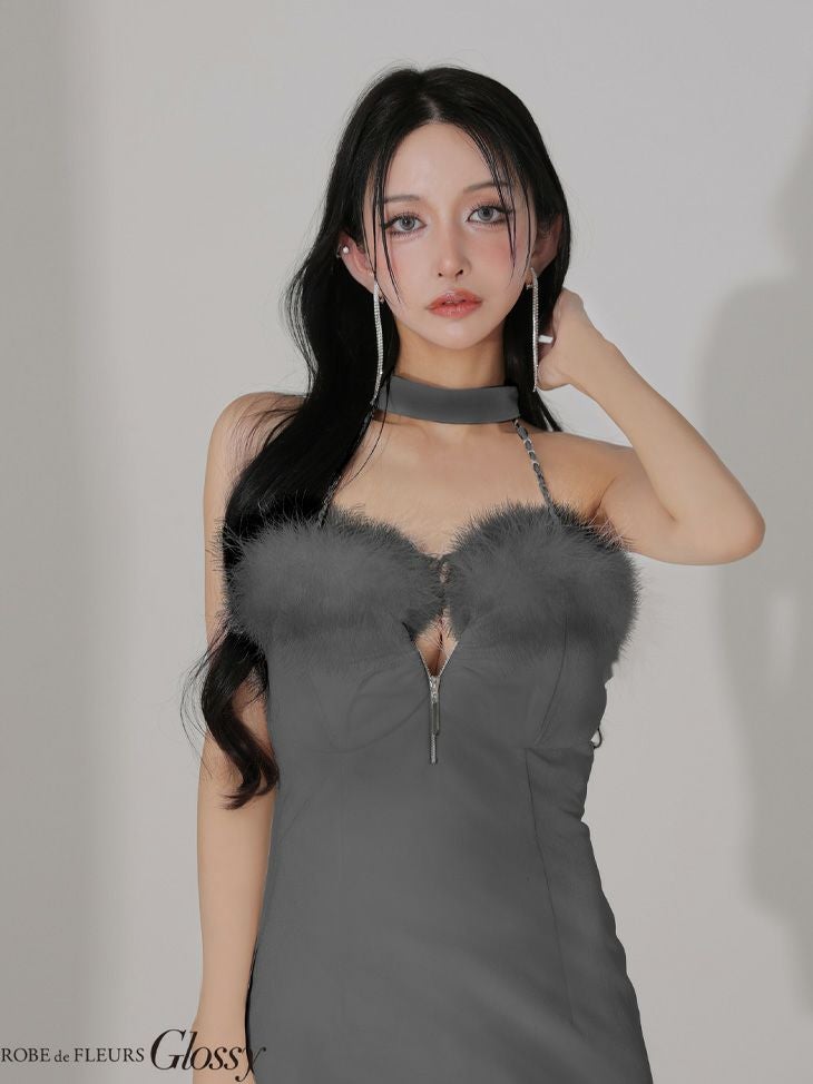 Glossy ローブドフルールグロッシー 【XSサイズあり】 ファー付きベロアチョーカータイトミニキャバドレス gl3949-c