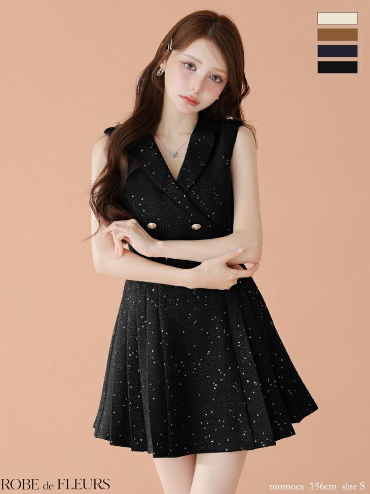 ROBE de FLEURS ローブドフルール 【XS～Lサイズあり】 ダブルボタン襟付きノースリーブフレアミニキャバドレス