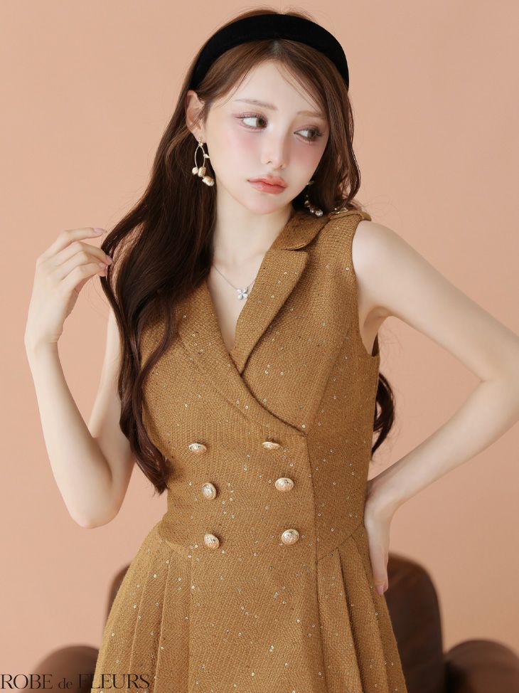 ROBE de FLEURS ローブドフルール 【XS～Lサイズあり】 ダブルボタン襟付きノースリーブフレアミニキャバドレス