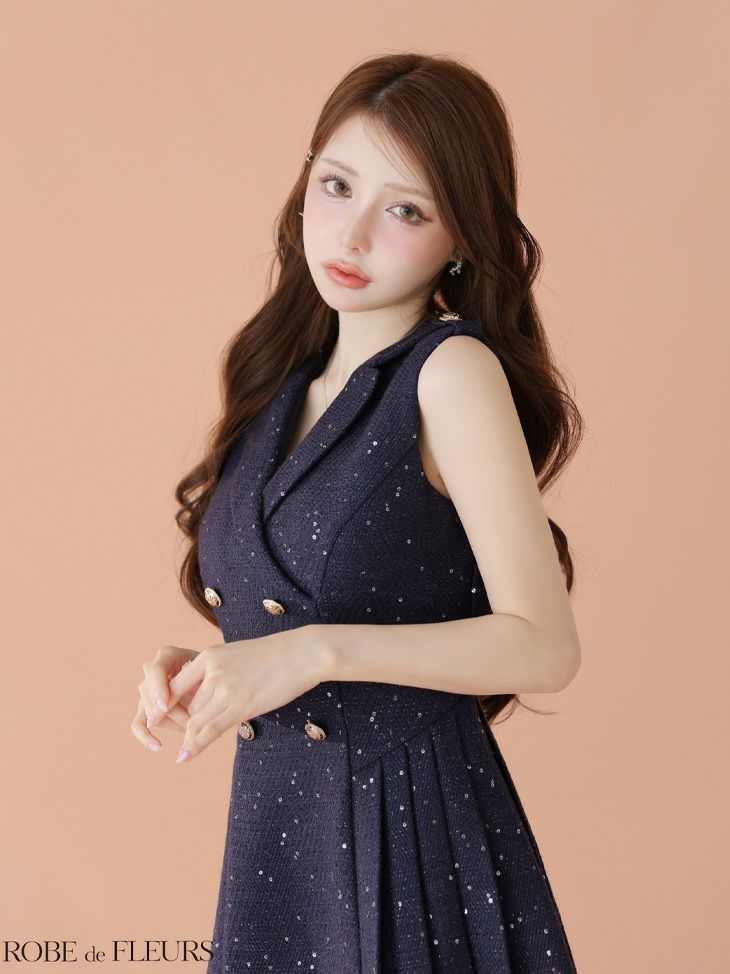 ROBE de FLEURS ローブドフルール 【XS～Lサイズあり】 ダブルボタン襟付きノースリーブフレアミニキャバドレス