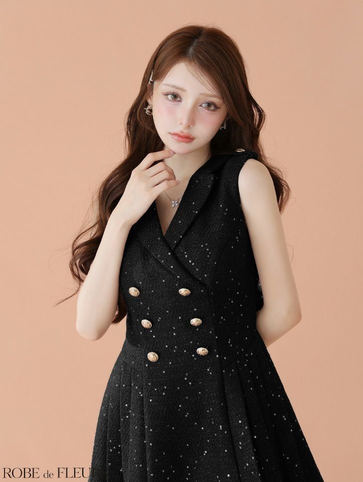 ROBE de FLEURS ローブドフルール 【XS～Lサイズあり】 ダブルボタン襟付きノースリーブフレアミニキャバドレス