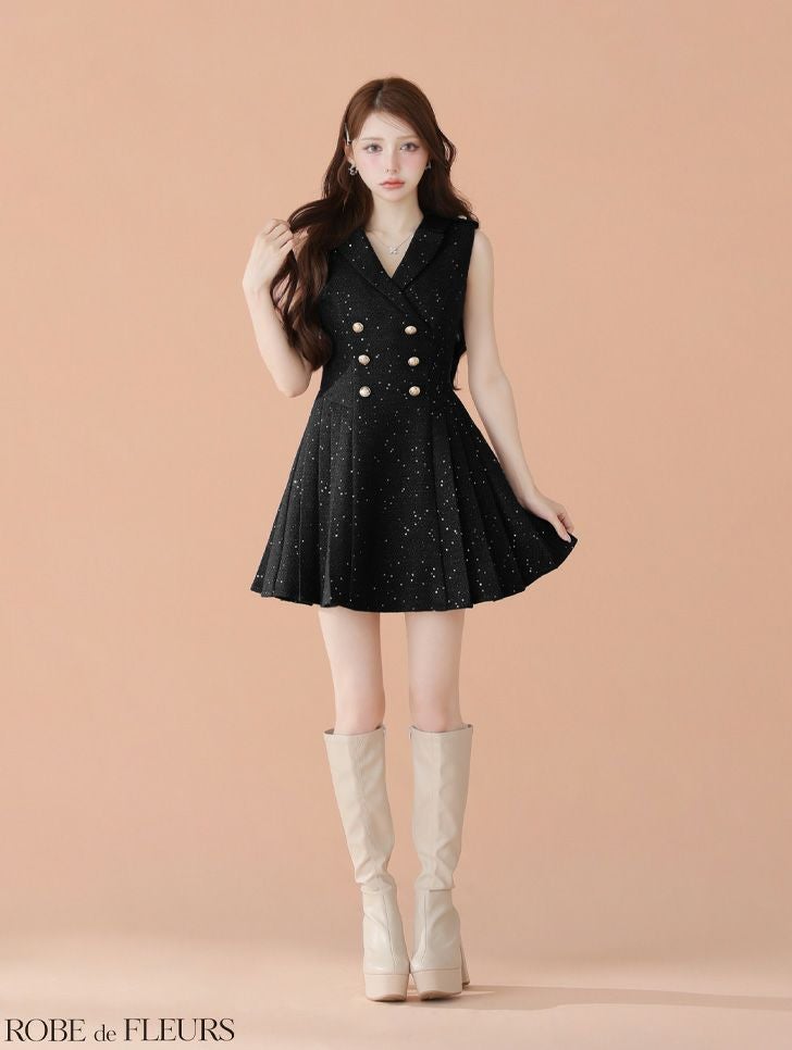ROBE de FLEURS ローブドフルール 【XS～Lサイズあり】 ダブルボタン襟付きノースリーブフレアミニキャバドレス
