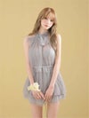 ROBE de FLEURS ローブドフルール ハイネックウエストリボンフレアミニキャバドレス fm3486-c