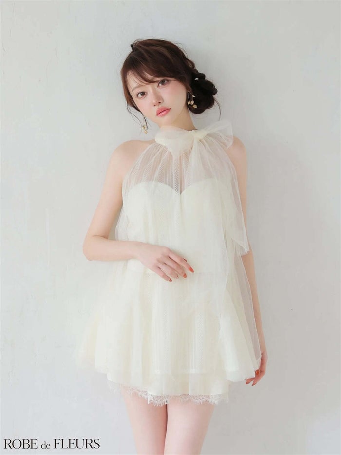 ROBE de FLEURS ローブドフルール ハイネックウエストリボンフレアミニキャバドレス fm3486-c