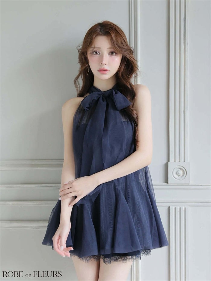 ROBE de FLEURS ローブドフルール ハイネックウエストリボンフレアミニキャバドレス fm3486-c