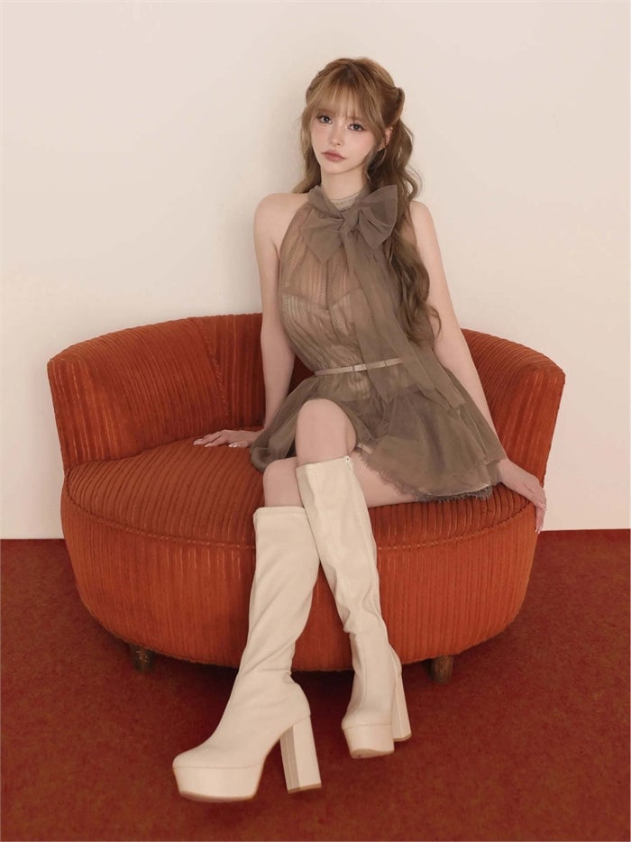ROBE de FLEURS ローブドフルール ハイネックウエストリボンフレアミニキャバドレス fm3486-c