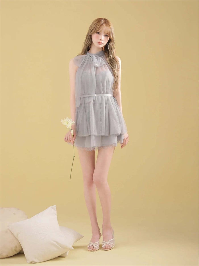 ROBE de FLEURS ローブドフルール ハイネックウエストリボンフレアミニキャバドレス fm3486-c