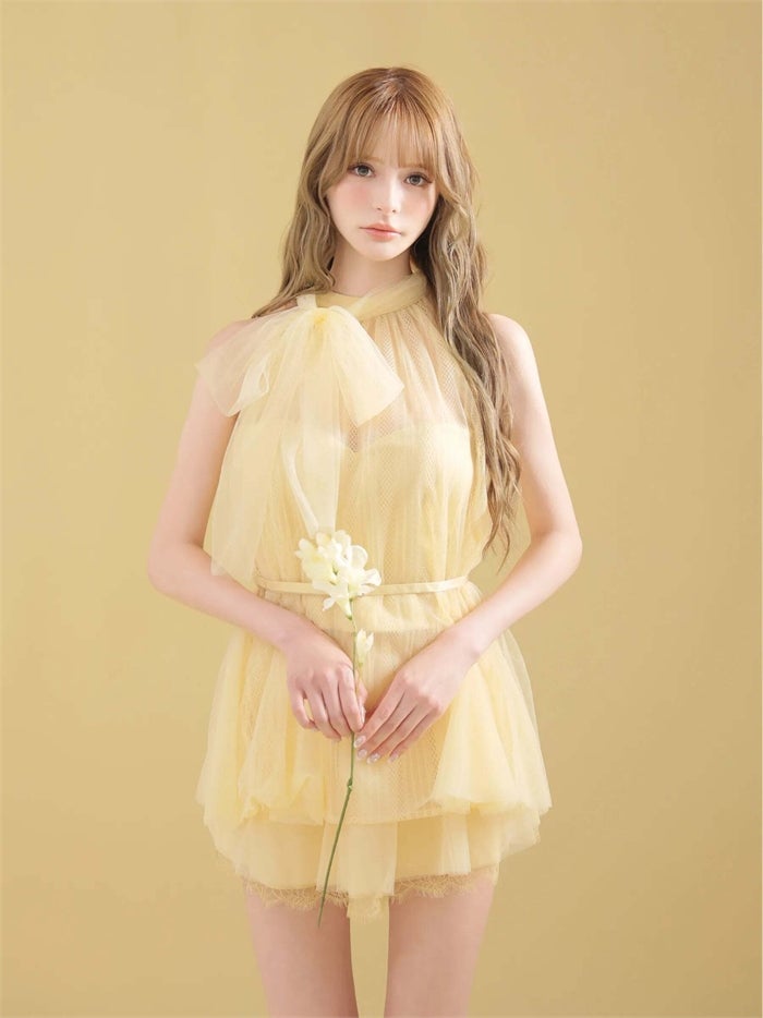 ROBE de FLEURS ローブドフルール ハイネックウエストリボンフレアミニキャバドレス fm3486-c