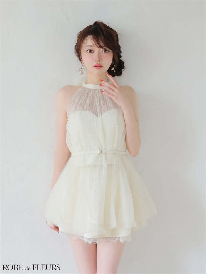 ROBE de FLEURS ローブドフルール ハイネックウエストリボンフレアミニキャバドレス fm3486-c