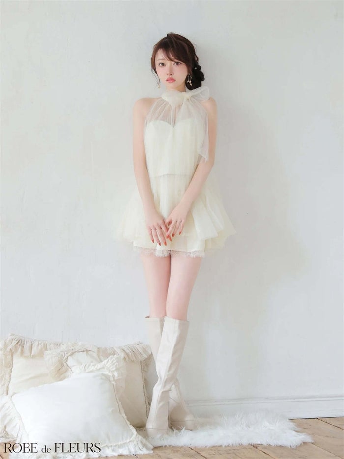 ROBE de FLEURS ローブドフルール ハイネックウエストリボンフレアミニキャバドレス fm3486-c