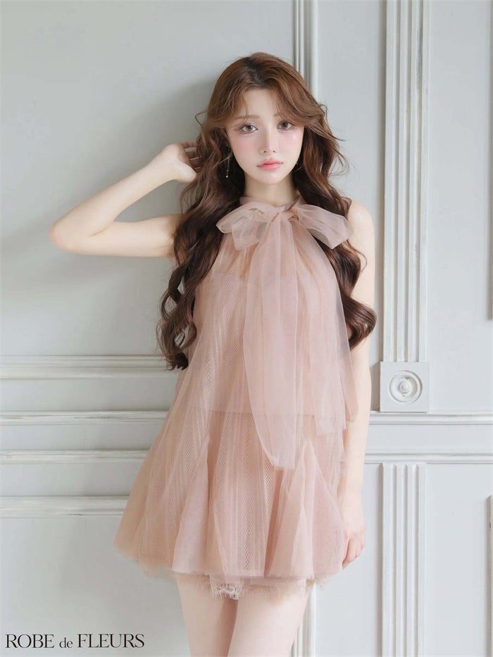ROBE de FLEURS ローブドフルール ハイネックウエストリボンフレアミニキャバドレス fm3486-c