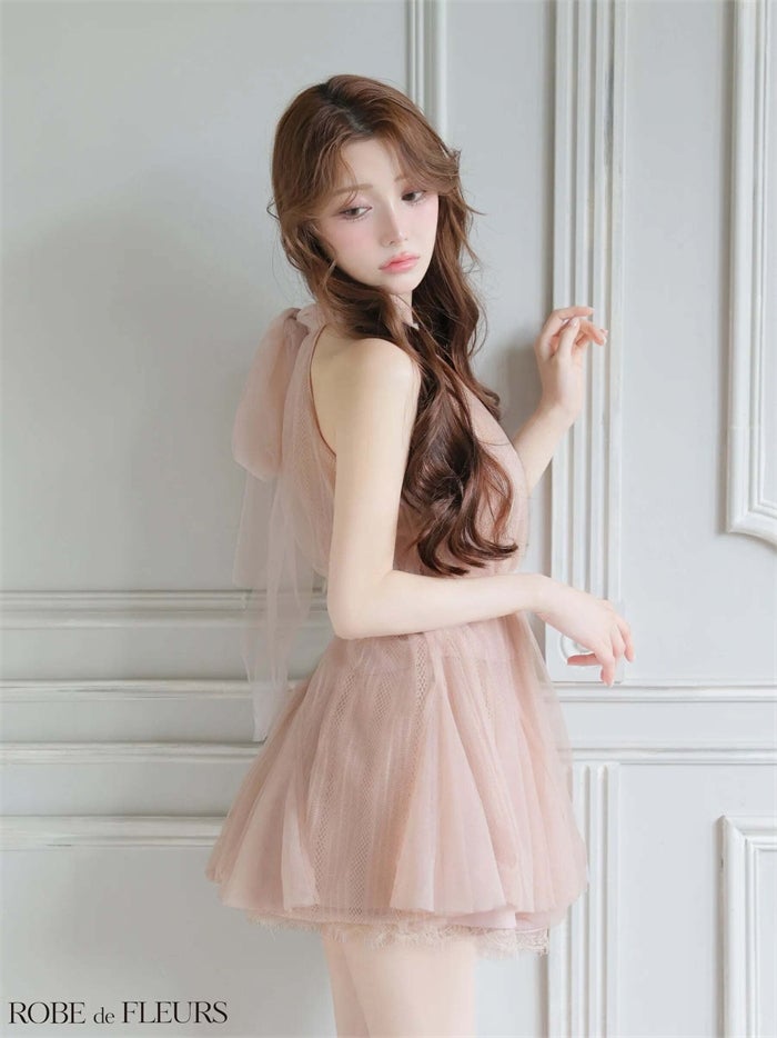 ROBE de FLEURS ローブドフルール ハイネックウエストリボンフレアミニキャバドレス fm3486-c