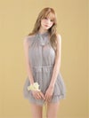ROBE de FLEURS ローブドフルール 【XSサイズあり】 ハイネックウエストリボンフレアミニキャバドレス fm3486-c