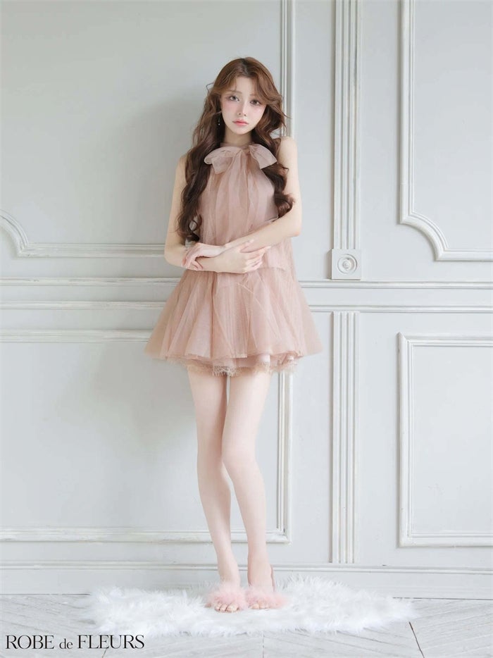 ROBE de FLEURS ローブドフルール ハイネックウエストリボンフレアミニキャバドレス fm3486-c