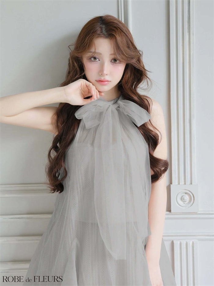 ROBE de FLEURS ローブドフルール ハイネックウエストリボンフレアミニキャバドレス fm3486-c