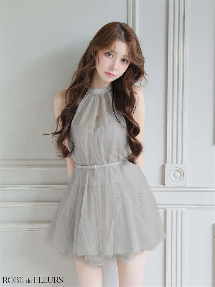 ROBE de FLEURS ローブドフルール ハイネックウエストリボンフレアミニキャバドレス fm3486-c