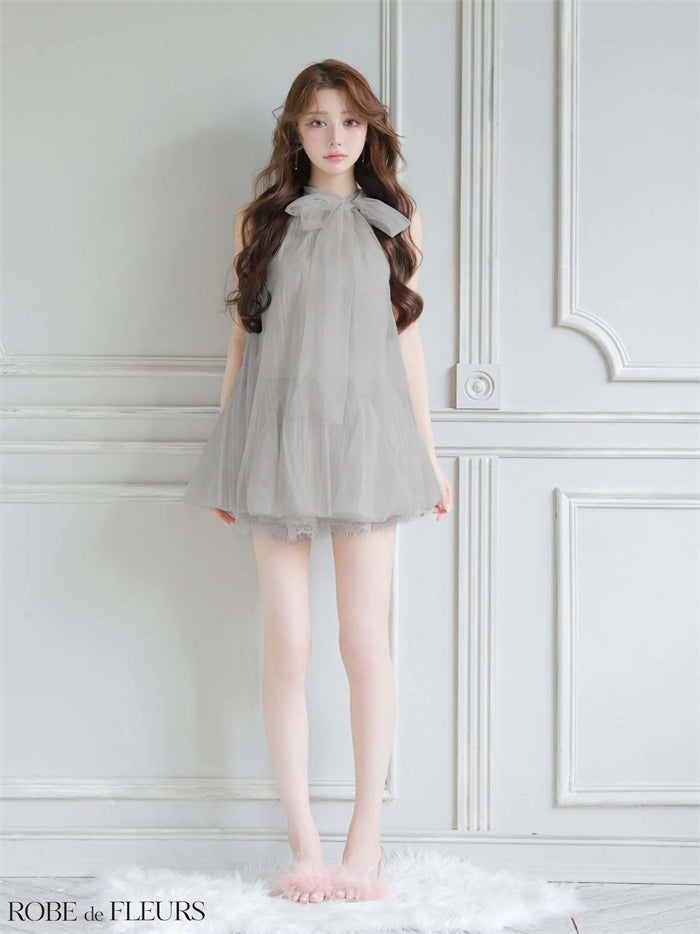 ROBE de FLEURS ローブドフルール ハイネックウエストリボンフレアミニキャバドレス fm3486-c
