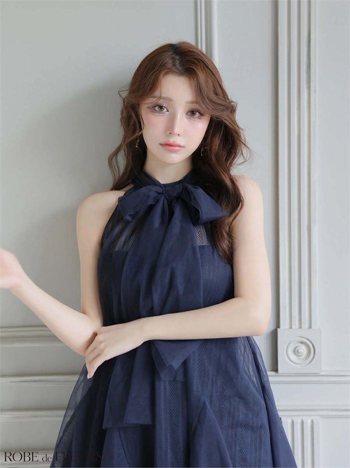 ROBE de FLEURS ローブドフルール ハイネックウエストリボンフレアミニキャバドレス fm3486-c