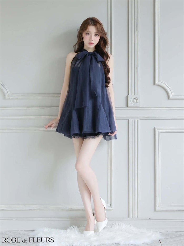 ROBE de FLEURS ローブドフルール ハイネックウエストリボンフレアミニキャバドレス fm3486-c