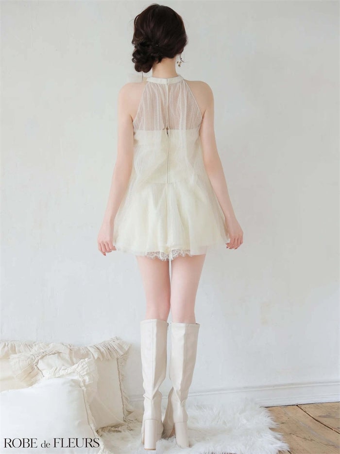 ROBE de FLEURS ローブドフルール ハイネックウエストリボンフレアミニキャバドレス fm3486-c