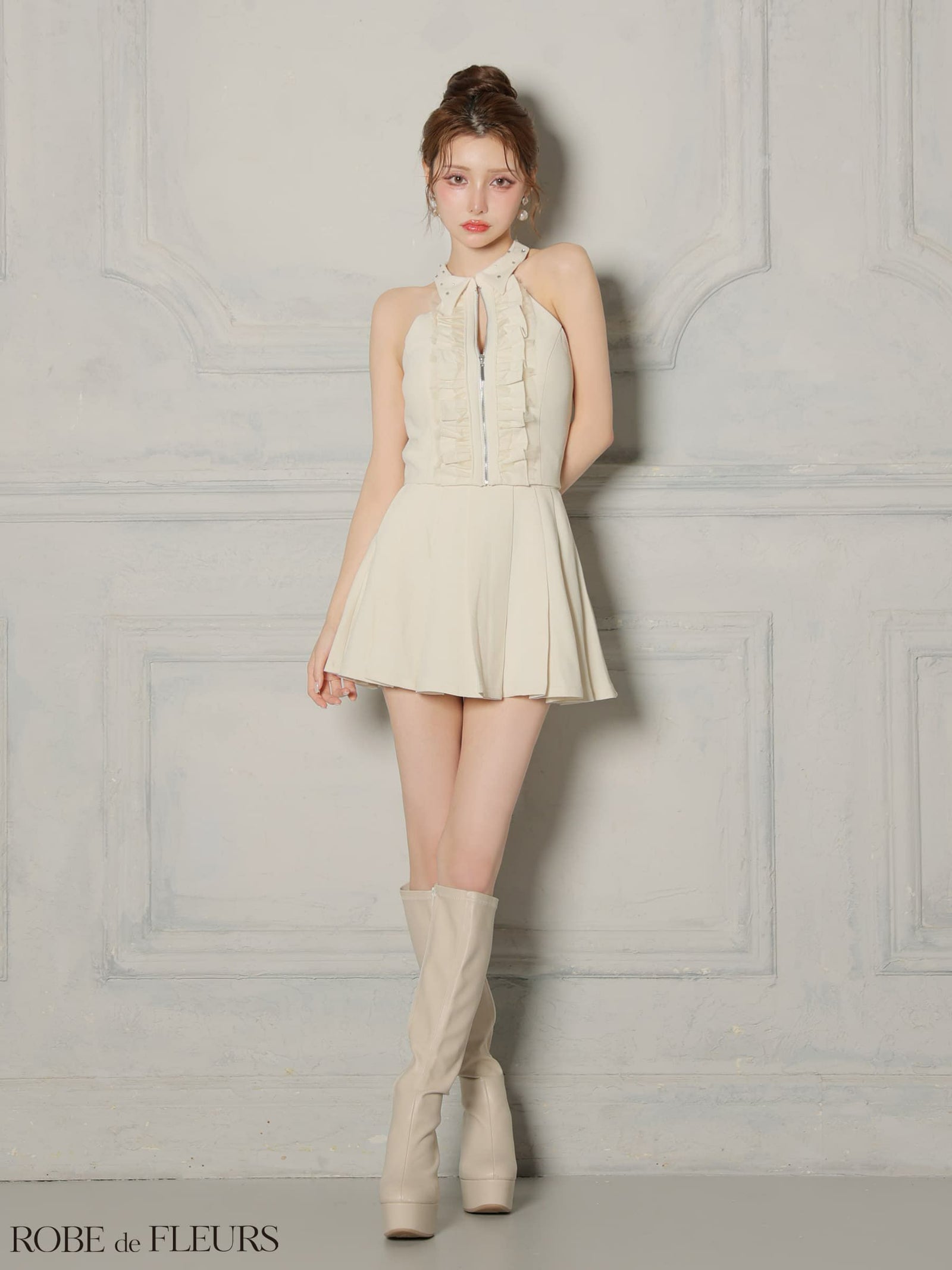 ROBE de FLEURS ローブドフルール 【XS～Lサイズあり】 レースハイネックセットアップフレアミニキャバドレス
