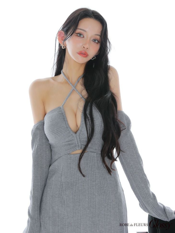 Glossy ローブドフルールグロッシー 【XSサイズあり】ラメリブニットカッティングタイトオフショルミニキャバドレス gl3959