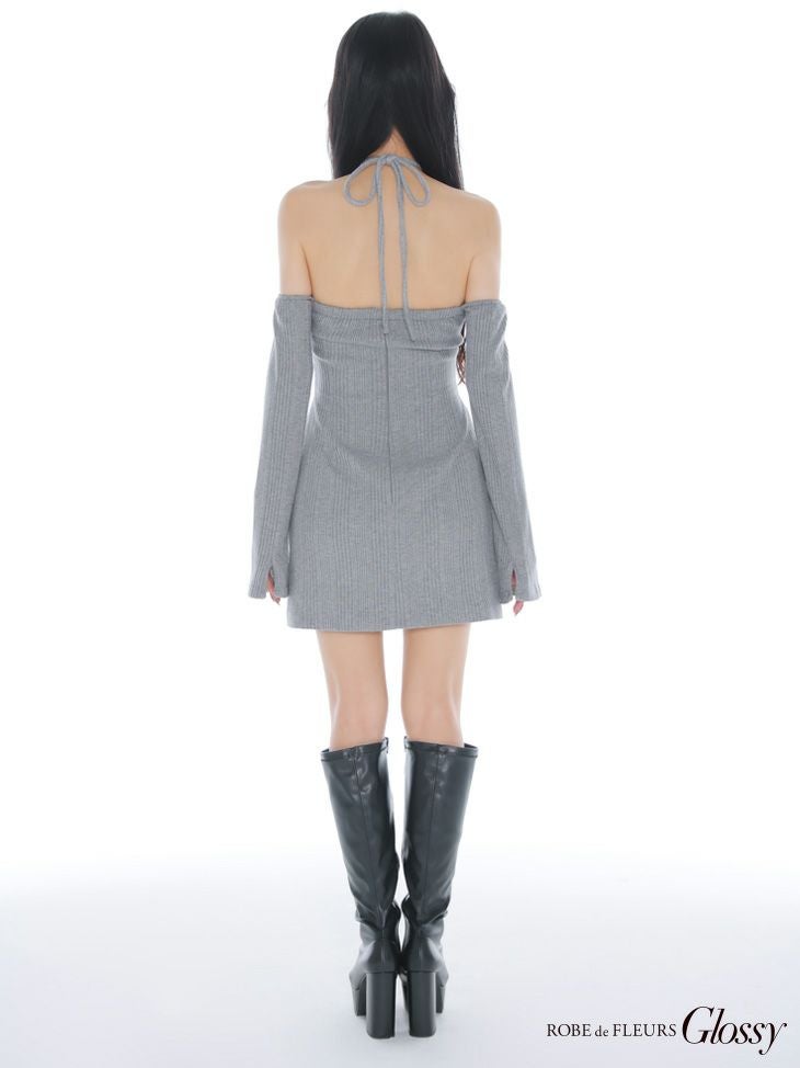 Glossy ローブドフルールグロッシー 【XSサイズあり】ラメリブニットカッティングタイトオフショルミニキャバドレス gl3959