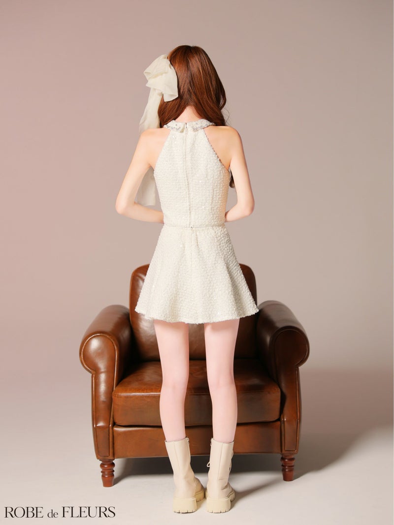 ROBE de FLEURS ローブドフルール 【XSサイズあり】 フラワーレースホルターネックフレアミニキャバドレス fm4140