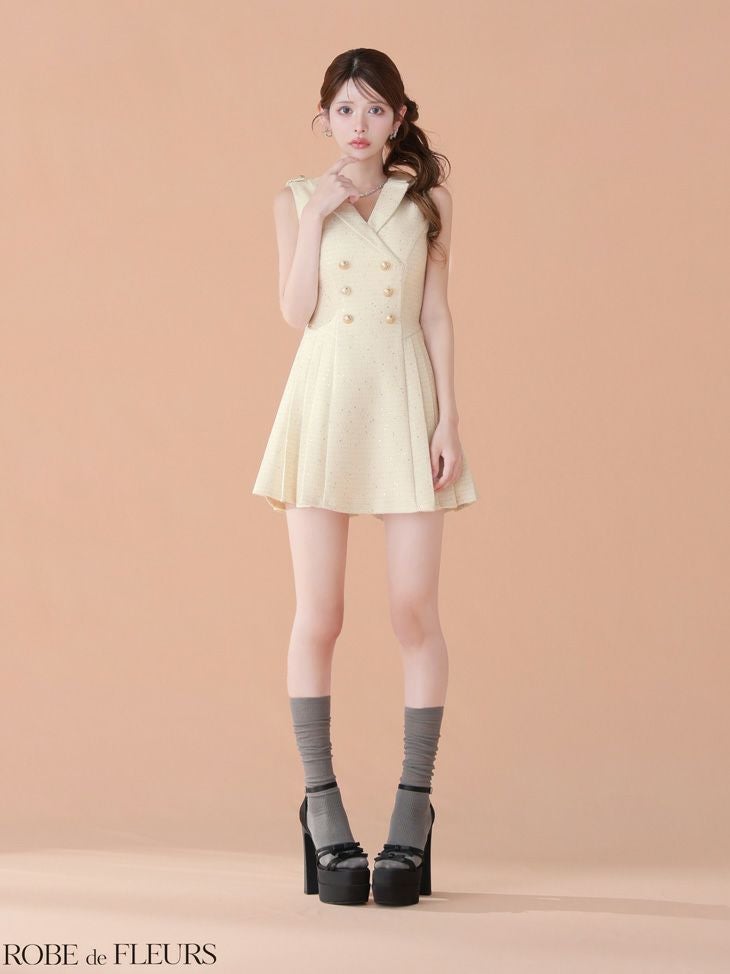 ROBE de FLEURS ローブドフルール 【XS～Lサイズあり】 ダブルボタン襟付きノースリーブフレアミニキャバドレス fm4320