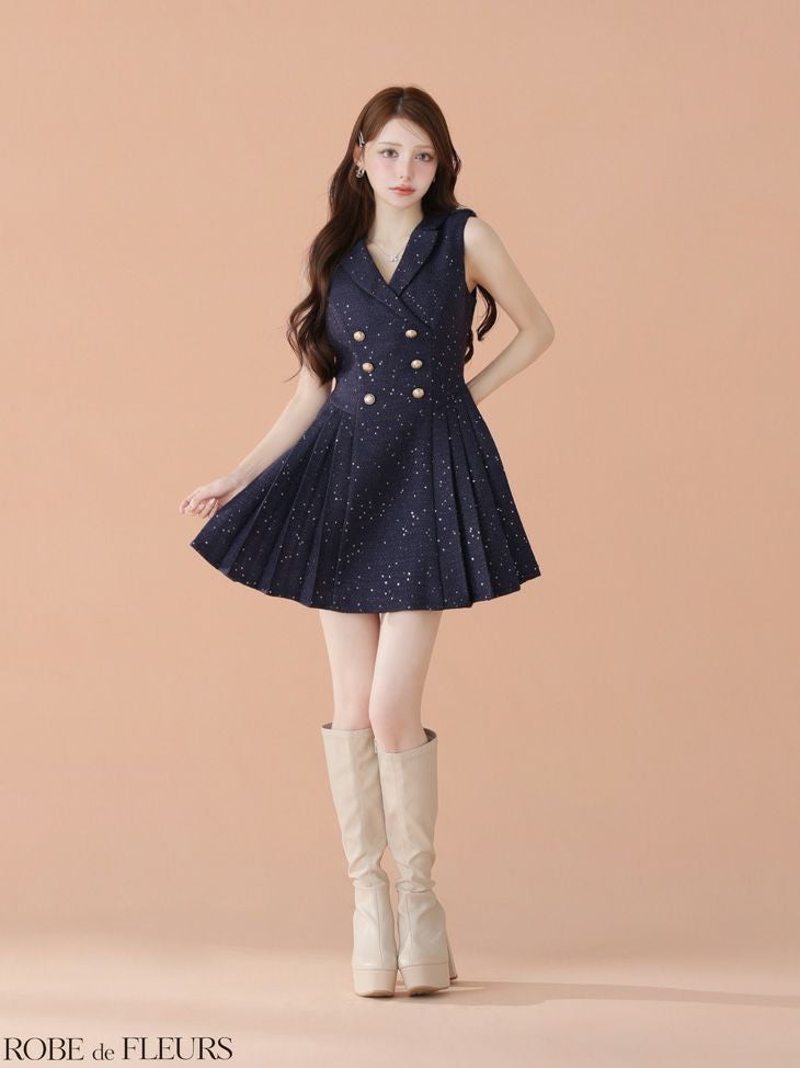 ROBE de FLEURS ローブドフルール 【XS～Lサイズあり】 ダブルボタン襟付きノースリーブフレアミニキャバドレス fm4320