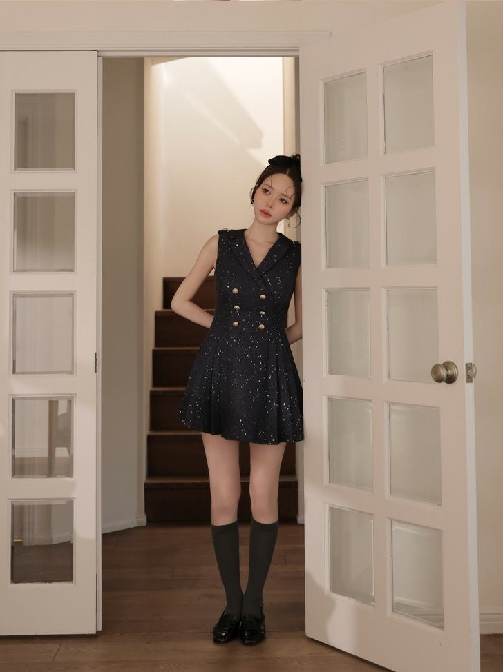 ROBE de FLEURS ローブドフルール 【XS～Lサイズあり】 ダブルボタン襟付きノースリーブフレアミニキャバドレス fm4320