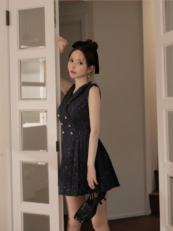 ROBE de FLEURS ローブドフルール 【XS～Lサイズあり】 ダブルボタン襟付きノースリーブフレアミニキャバドレス fm4320