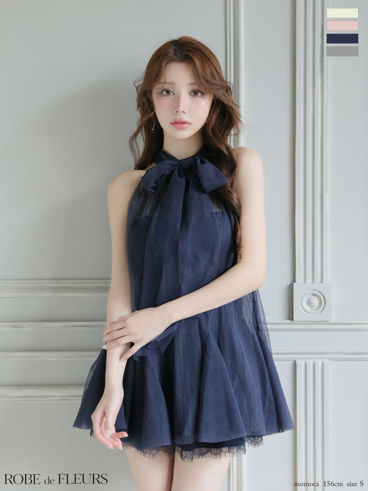 ROBE de FLEURS ローブドフルール 【XSサイズあり】ハイネックウエストリボンフレアミニキャバドレス fm3486