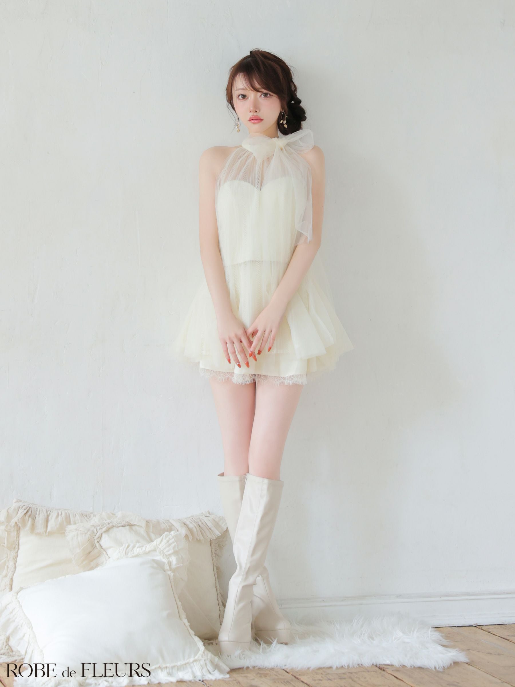 ROBE de FLEURS ハイネックドレス Sホワイト 5月下旬頃入荷予定】ROBE de FLEURS ローブドフルール 【XSサイズあり