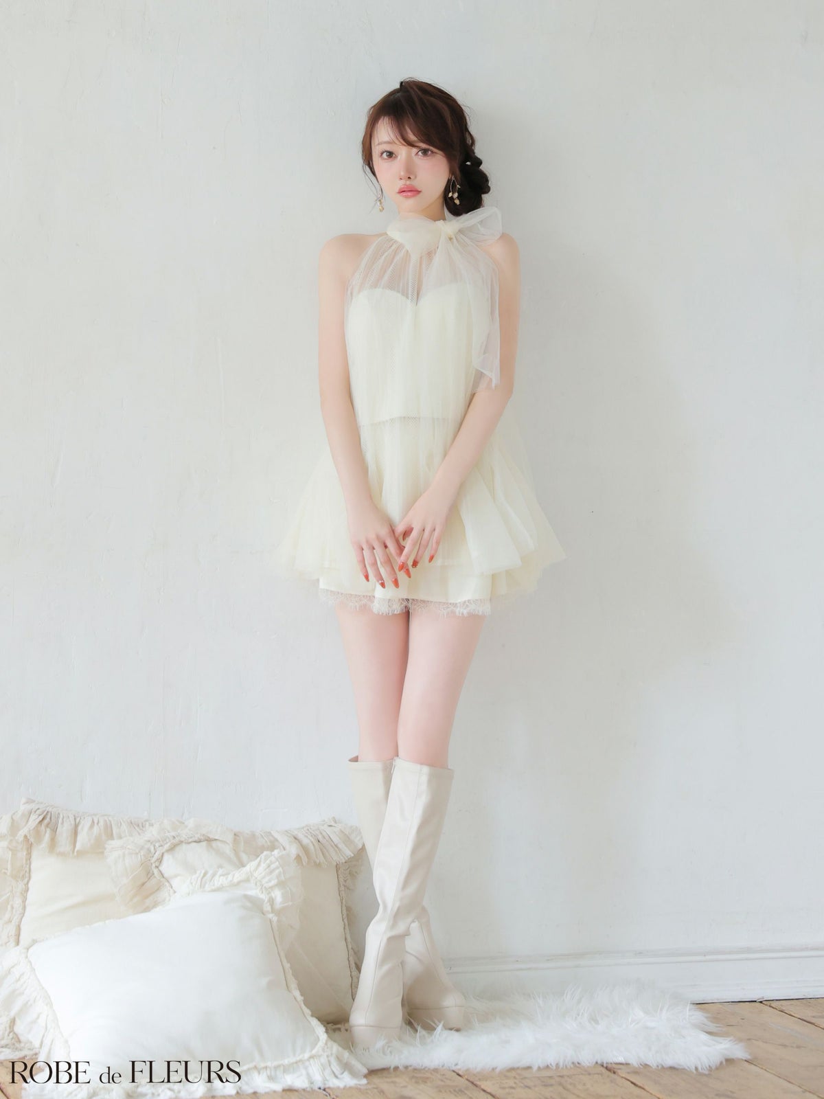 ROBE de FLEURS ローブドフルール 【XSサイズあり】ハイネックウエストリボンフレアミニキャバドレス fm3486
