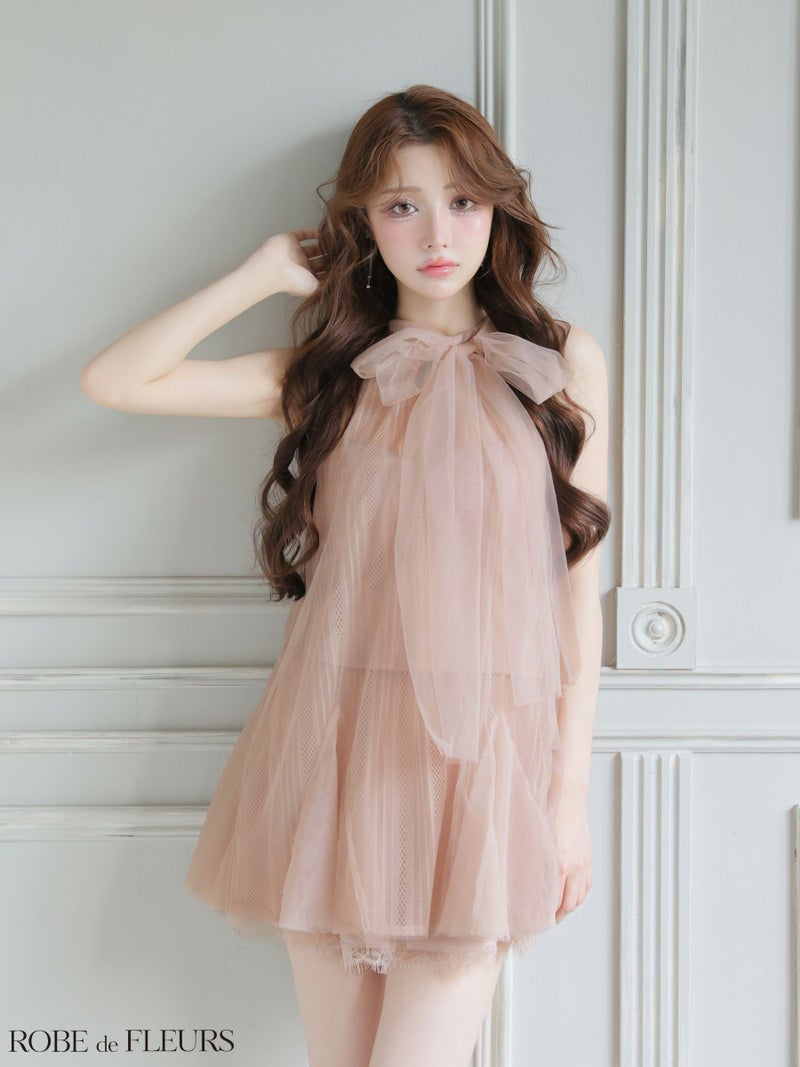 ROBE de FLEURS ローブドフルール 【XSサイズあり】ハイネックウエストリボンフレアミニキャバドレス fm3486