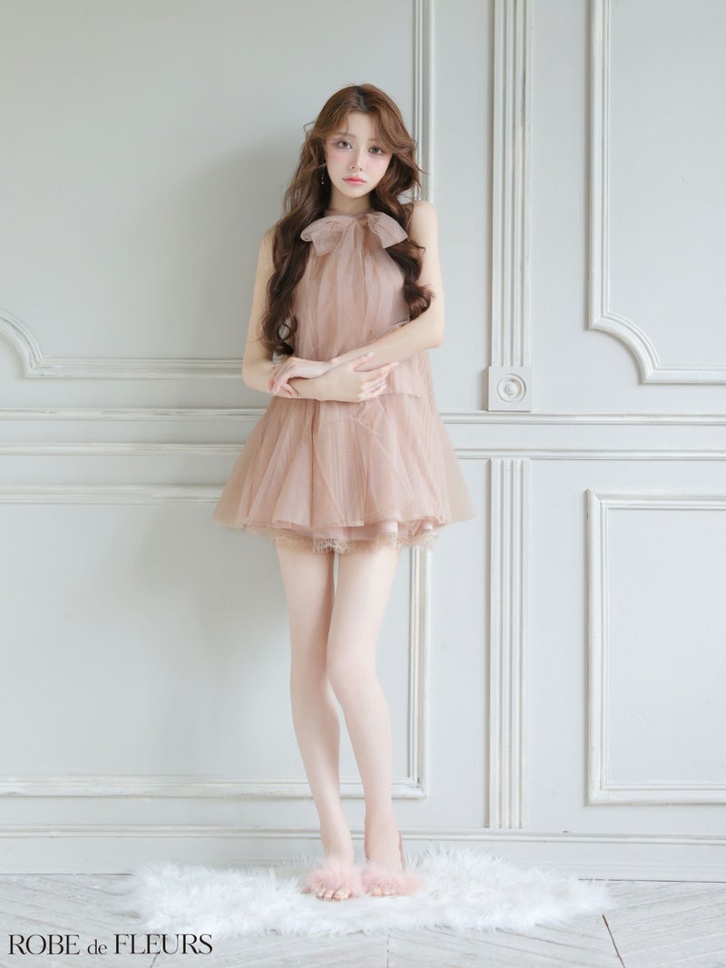 ROBE de FLEURS ローブドフルール 【XSサイズあり】ハイネックウエストリボンフレアミニキャバドレス fm3486