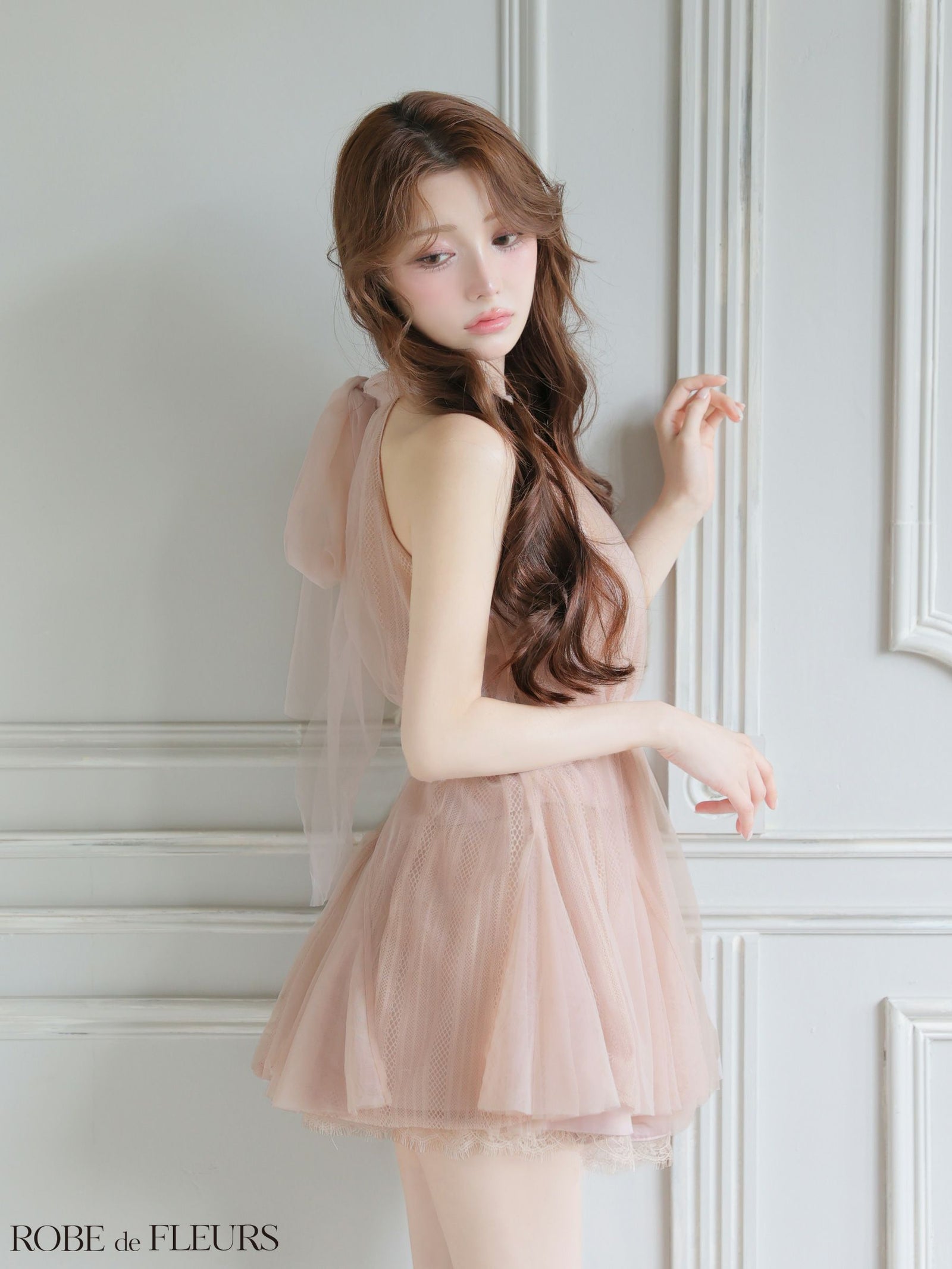 ROBE de FLEURS ローブドフルール 【XSサイズあり】ハイネックウエストリボンフレアミニキャバドレス fm3486