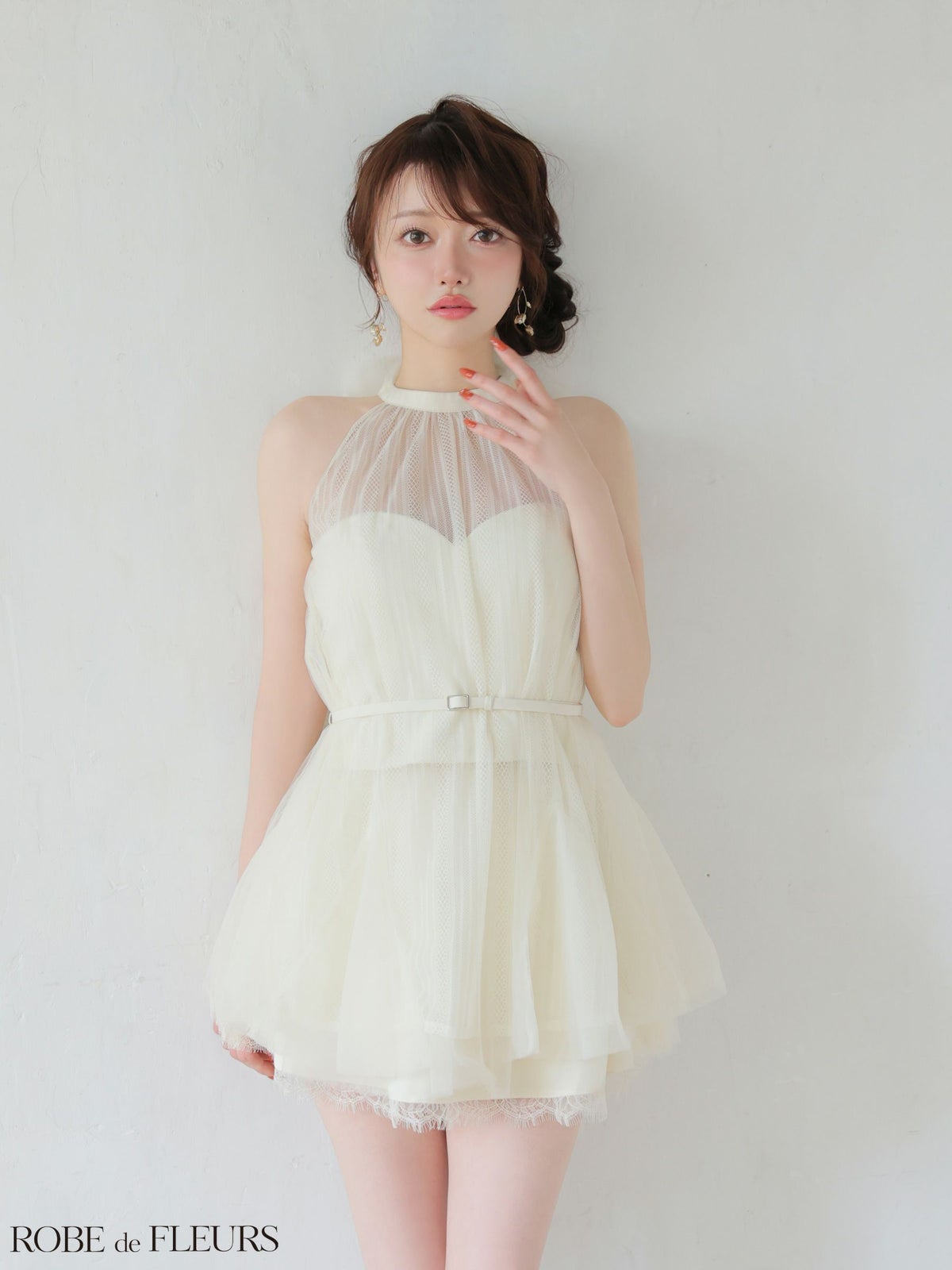 ROBE de FLEURS ローブドフルール 【XSサイズあり】ハイネックウエストリボンフレアミニキャバドレス fm3486