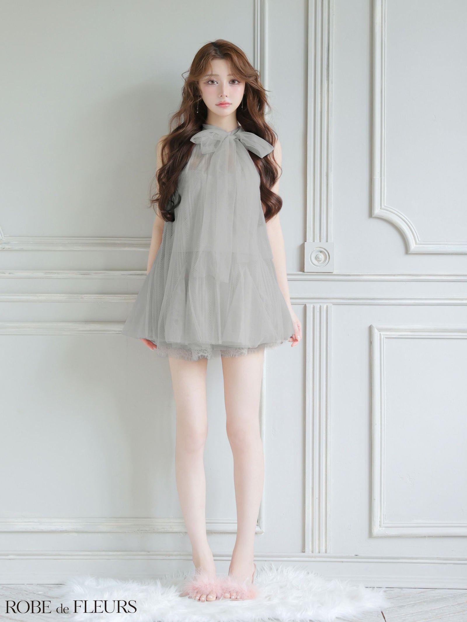 ROBE de FLEURS ローブドフルール 【XSサイズあり】ハイネックウエストリボンフレアミニキャバドレス fm3486