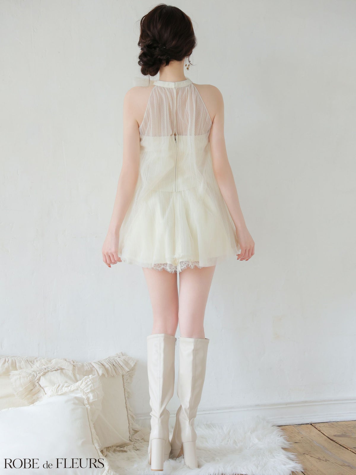 ROBE de FLEURS ローブドフルール 【XSサイズあり】ハイネックウエストリボンフレアミニキャバドレス fm3486