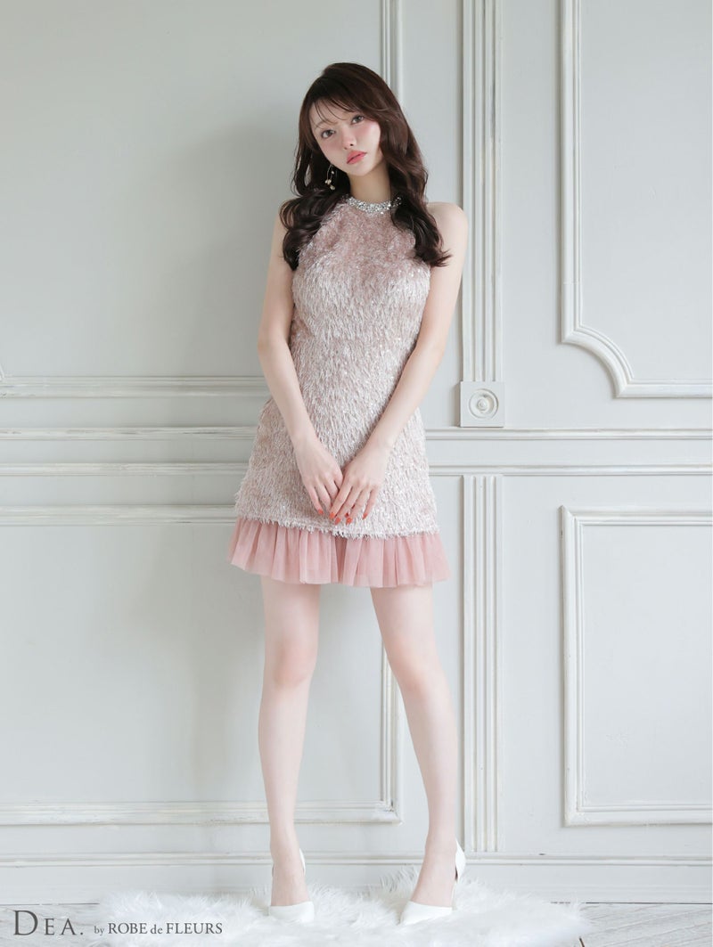 DEA. ディア バイ ローブドフルール 【XSサイズあり】 スパンコールフリンジハイネックフレアミニキャバドレス de4135