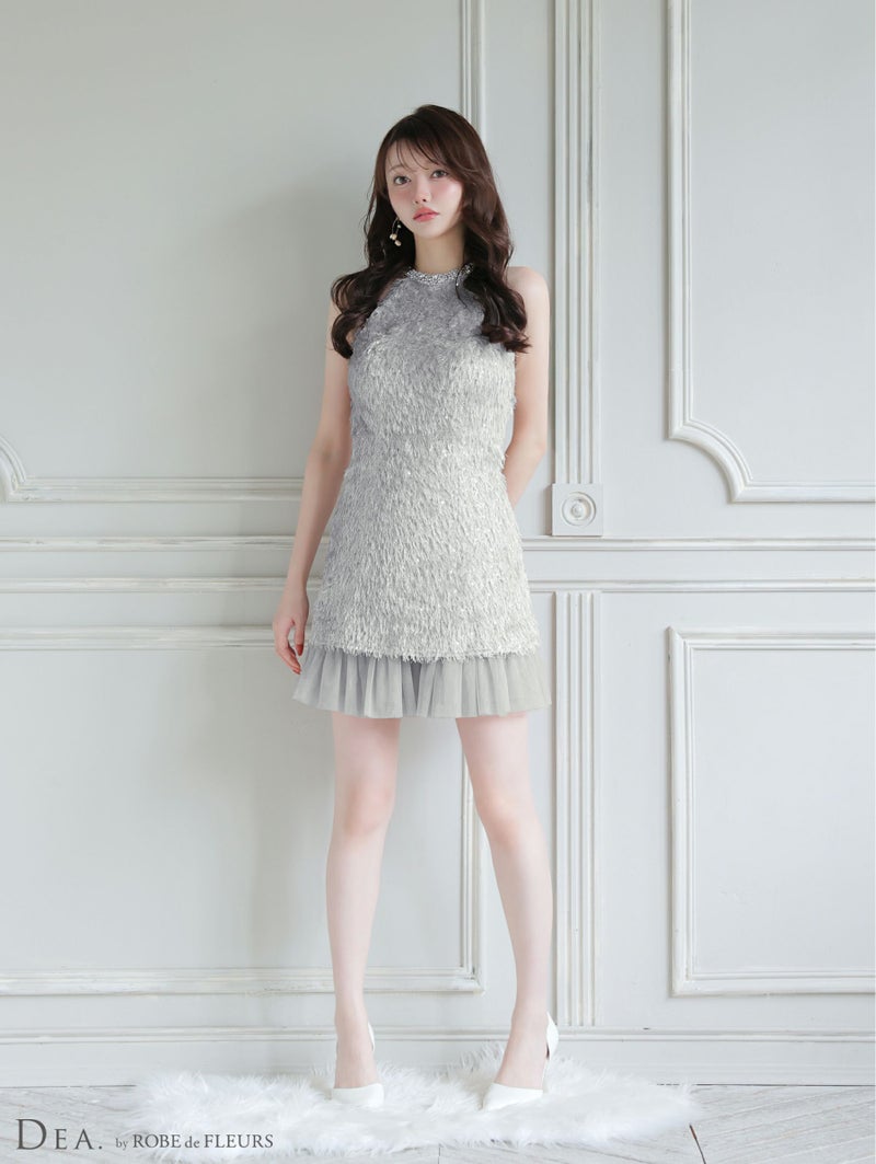 DEA. ディア バイ ローブドフルール 【XSサイズあり】 スパンコールフリンジハイネックフレアミニキャバドレス de4135