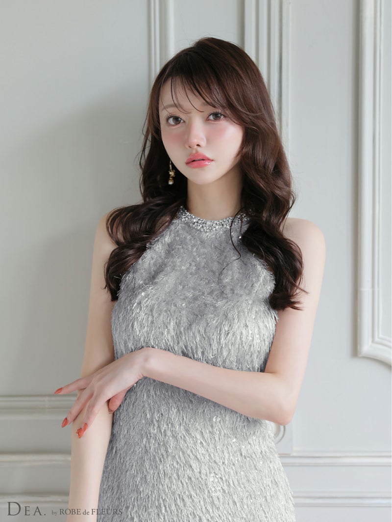 DEA. ディア バイ ローブドフルール 【XSサイズあり】 スパンコールフリンジハイネックフレアミニキャバドレス de4135