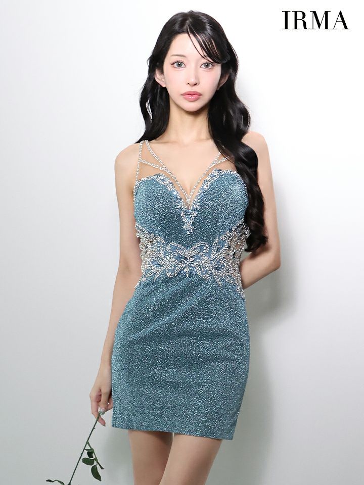 IRMA イルマ シルバースパークリングラメニット/ビジュー/カットアウト/タイト ミニドレス ir51965