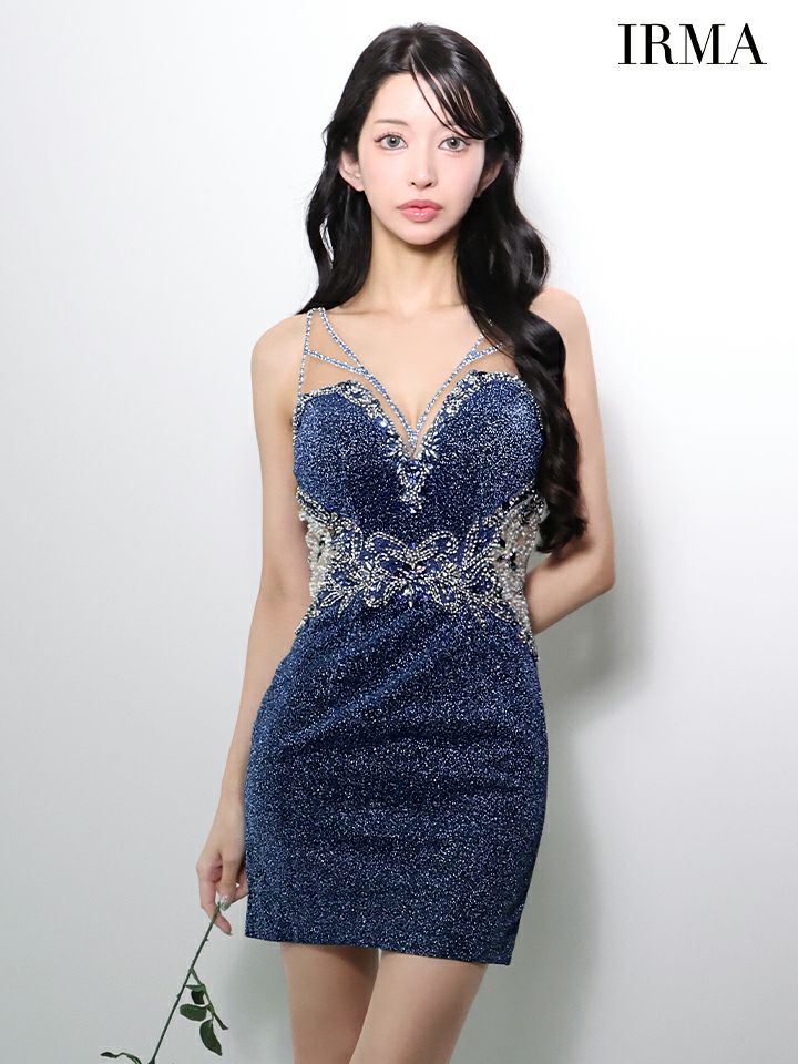 IRMA イルマ シルバースパークリングラメニット/ビジュー/カットアウト/タイト ミニドレス ir51965